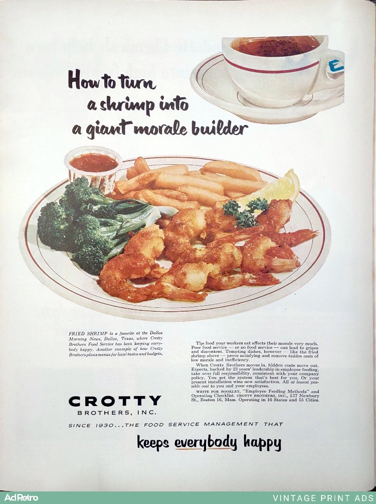 1953 Crotty Brothers Food Service Ad - "How to turn a shrimp into a giant morale builder"