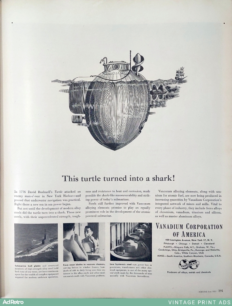 1953 Vanadium alloying elements Ad - "This turtle turned into a shark!"