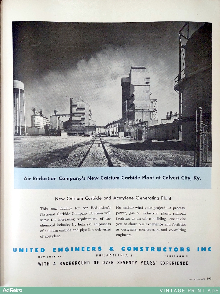 1953 Air Reduction Company's New Calcium Carbide Plant construction services Ad - "With a background of over seventy years' experience"