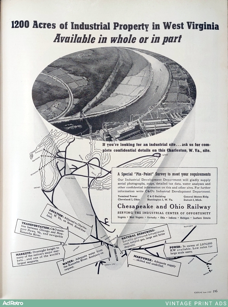 1953 Chesapeake and Ohio Railway Industrial Property in Charleston, West Virginia Ad - "1200 Acres of Industrial Property in West Virginia Available in whole or in part"