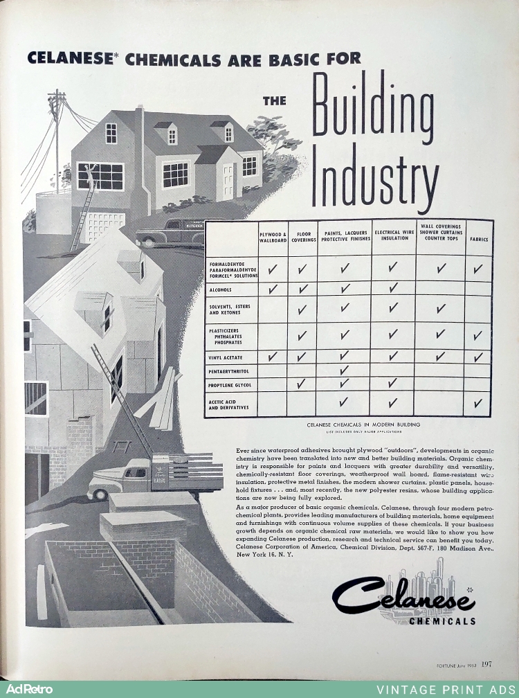 1953 Celanese Chemicals for Building Industry Ad - "Celanese* Chemicals are basic for the Building Industry"