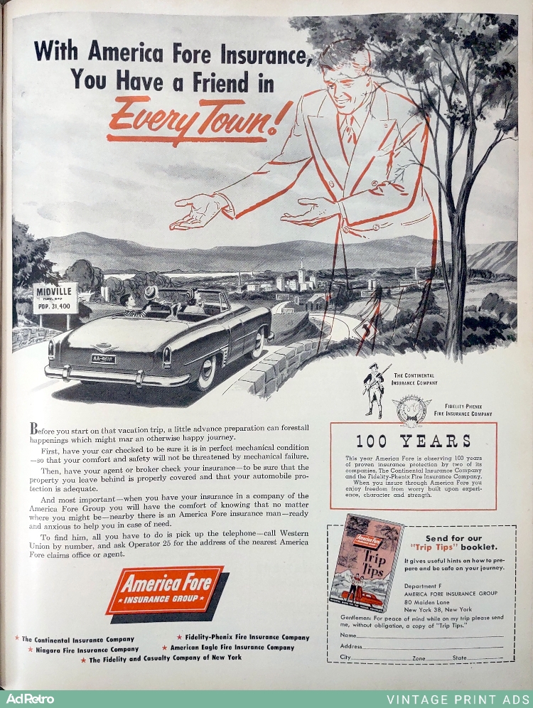 1953 America Fore Insurance Group insurance Ad - "With America Fore Insurance, You Have a Friend in Every Town!"