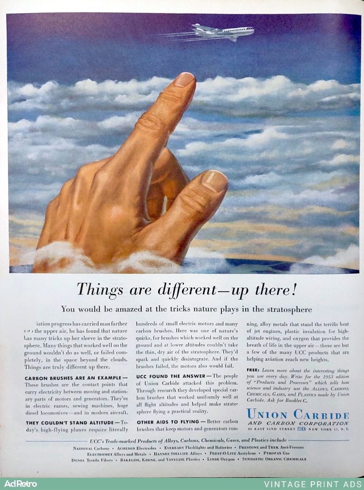 1953 Union Carbide Carbon Brushes and Allied Products Ad - "Things are different—up there!"