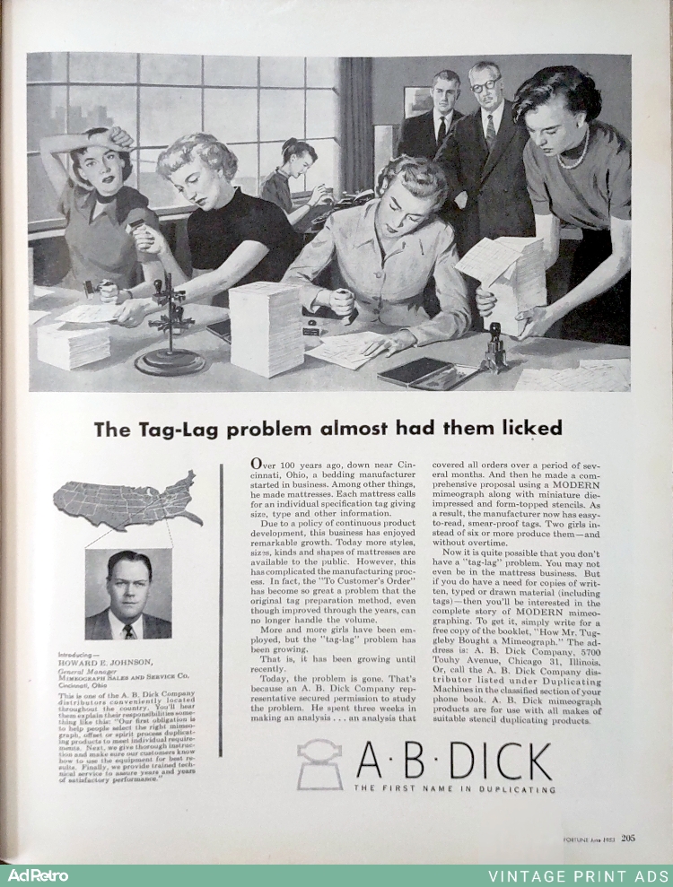 1953 A.B. Dick Duplicating Equipment Ad - "The Tag-Lag problem almost had them licked"