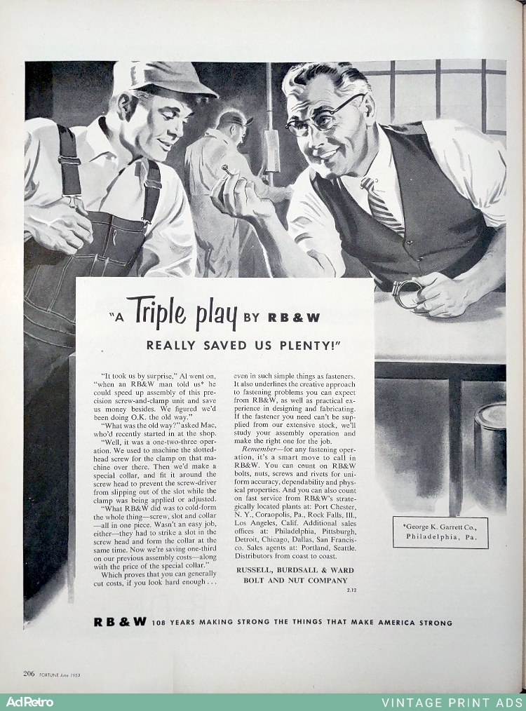 1953 RB&W precision screw-and-clamp unit Ad - "A Triple play by RB&W REALLY SAVED US PLENTY!"