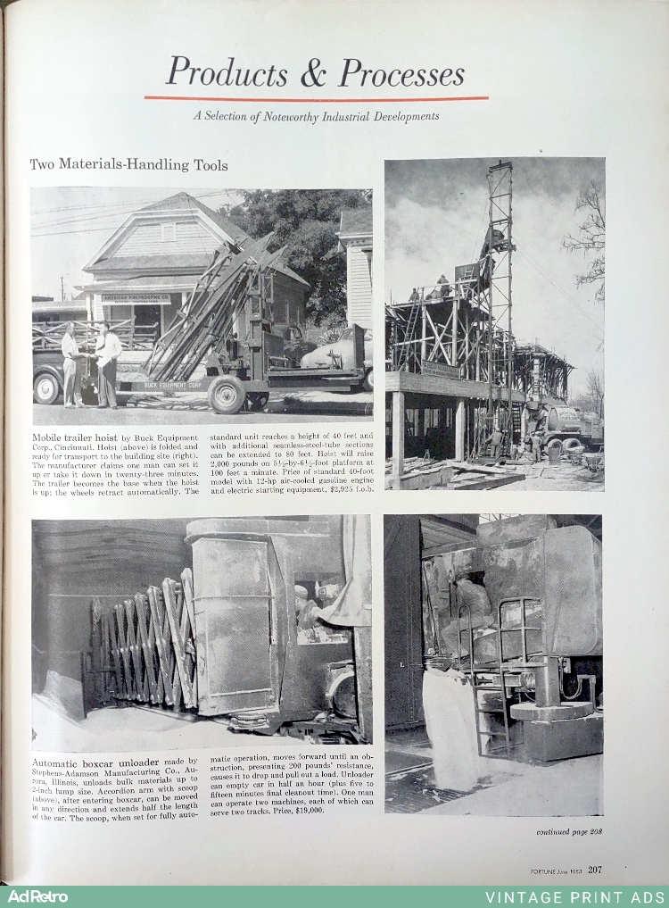 1953 Bucyrus-Erie Mobile Trailer Hoist / Stepless-Adamson Automatic Boxcar Unloader Ad - "Two Materials-Handling Tools"