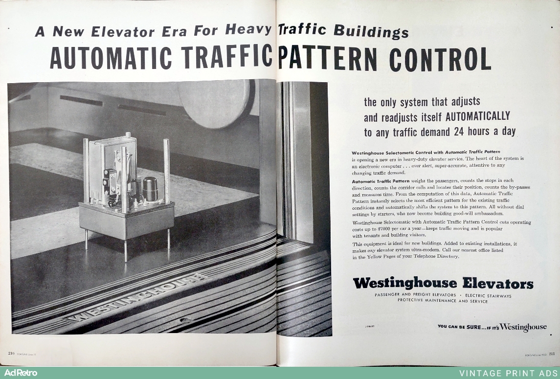 1953 Westinghouse Selectomatic Control with Automatic Traffic Pattern Ad - "the only system that adjusts and readjusts itself AUTOMATICALLY to any traffic demand 24 hours a day"