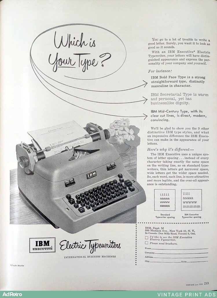 1953 IBM Executive Electric Typewriter Ad - "Which is Your Type?"