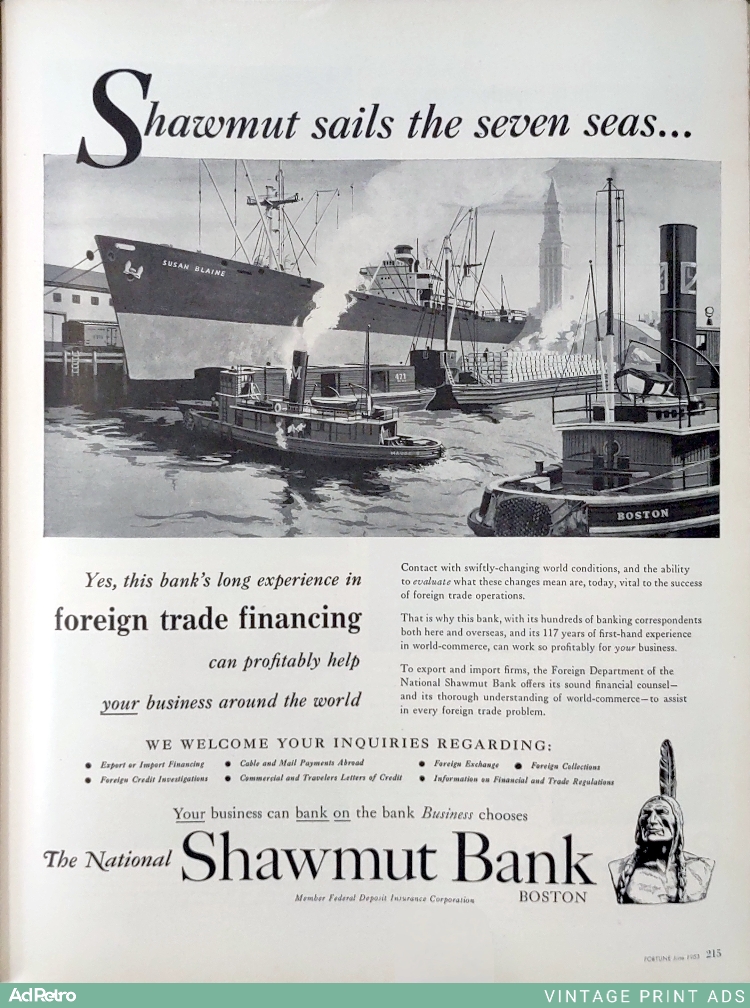 1953 Shawmut Bank Foreign Trade Financing Ad - "Shawmut sails the seven seas..."