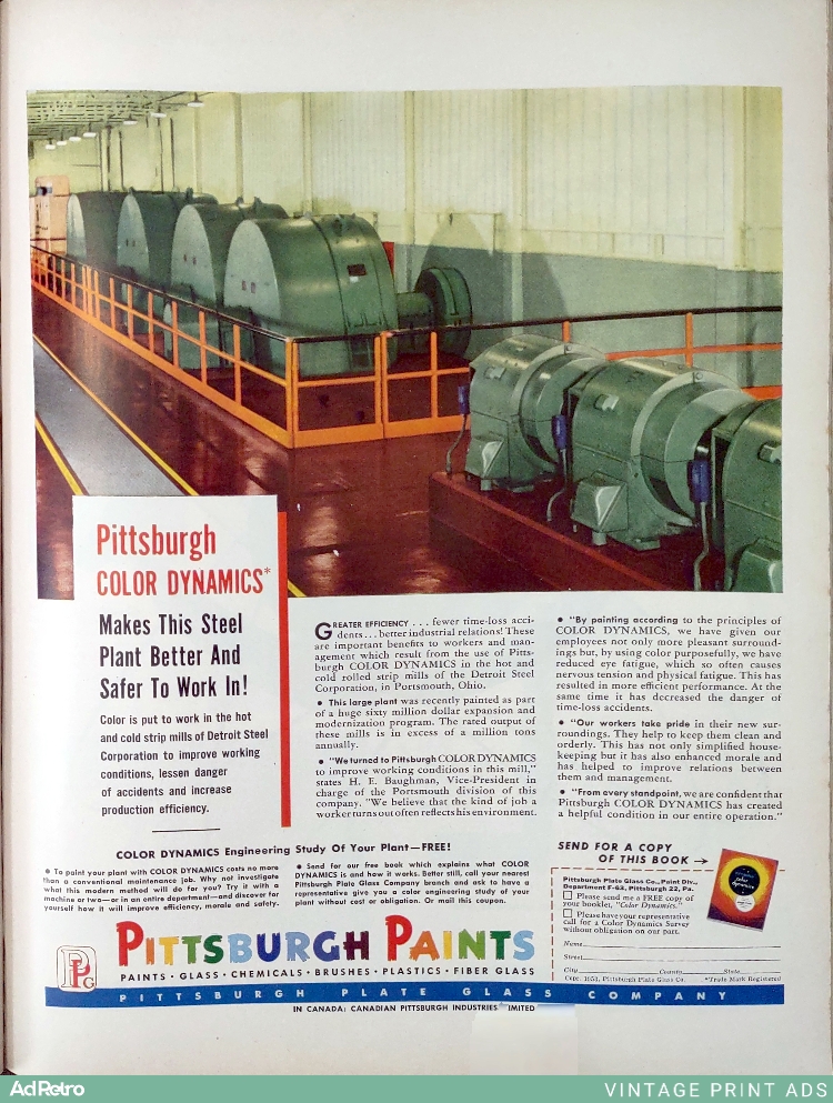 1953 Pittsburgh Color Dynamics Ad - "Makes This Steel Plant Better And Safer To Work In!"