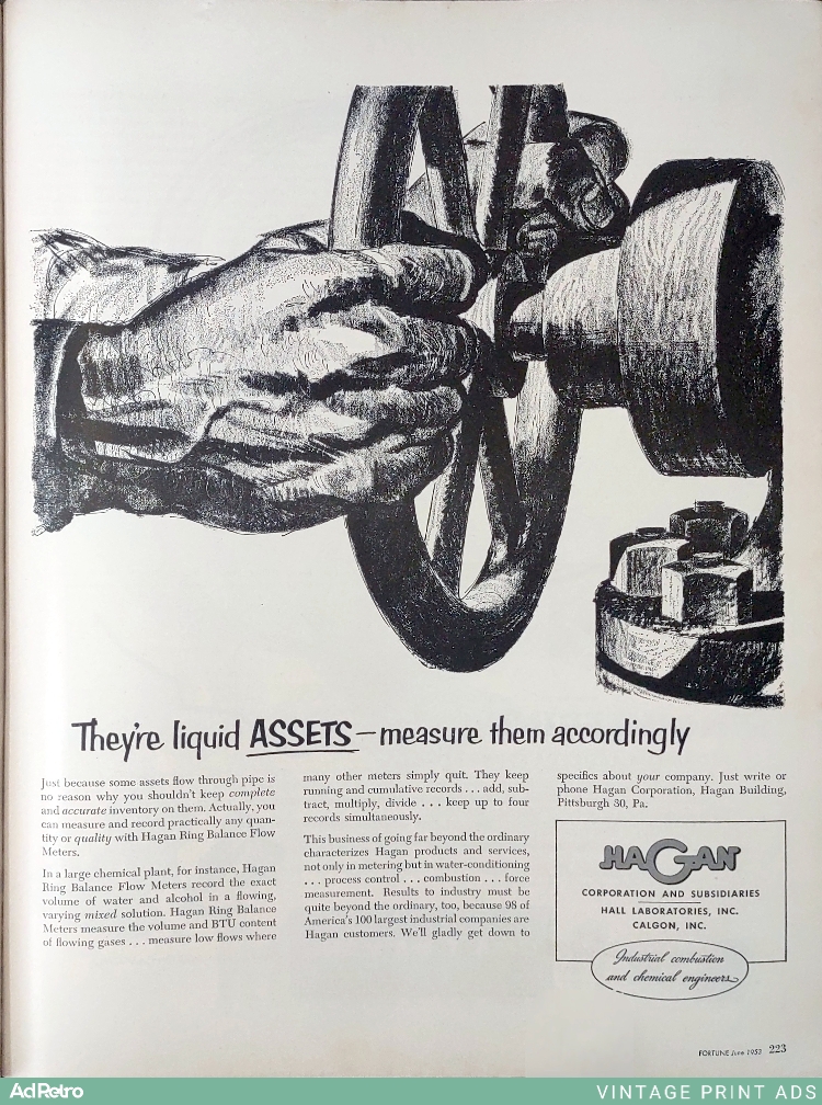 1953 Hagan Ring Balance Flow Meters Ad - "They're liquid ASSETS—measure them accordingly"