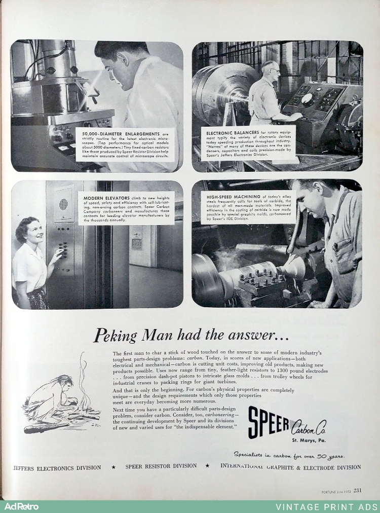1953 Speer Carbon Co. Carbon Components Ad - "Peking Man had the answer..."
