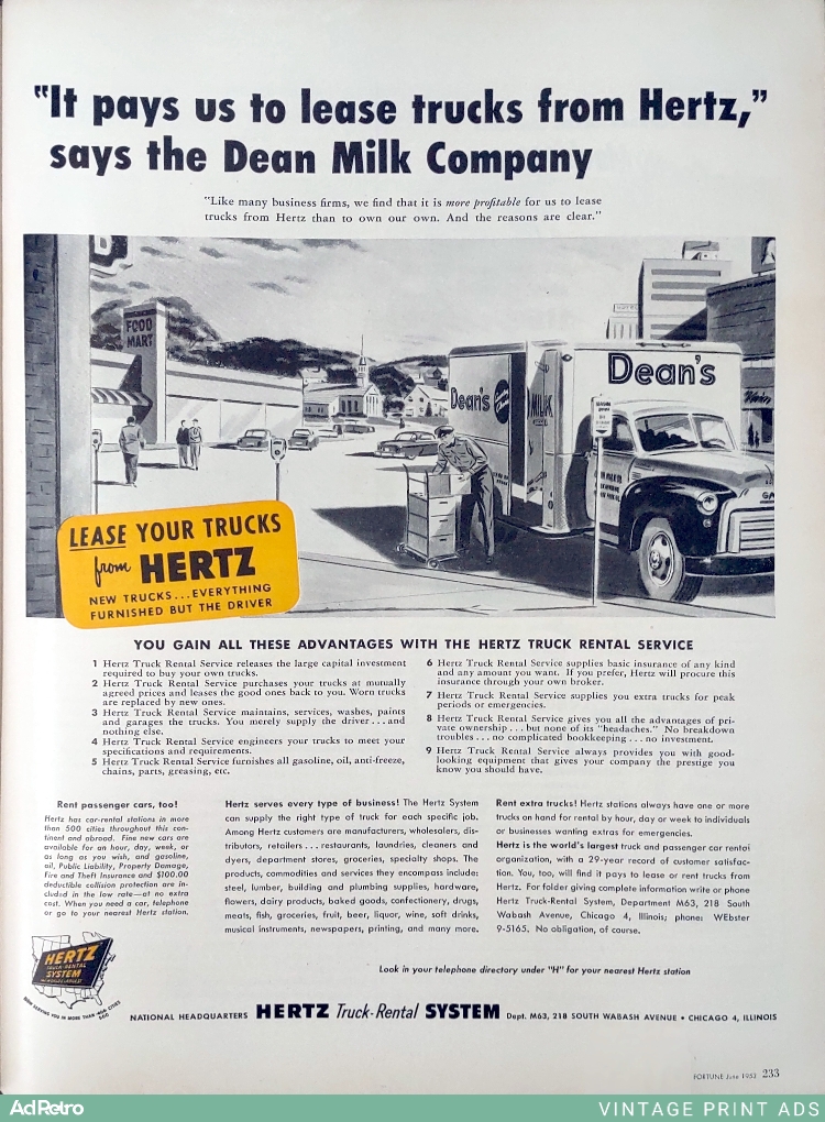 1953 Hertz Truck Rental Service Ad - "Lease your trucks from Hertz. New trucks...everything furnished but the driver."