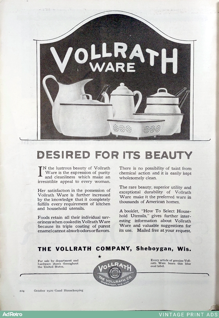 1920 Vollrath Ware household utensils Ad - "DESIRED FOR ITS BEAUTY"