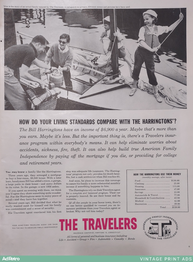 1956 The Travelers Insurance Ad - "How do your living standards compare with the Harringtons'?"