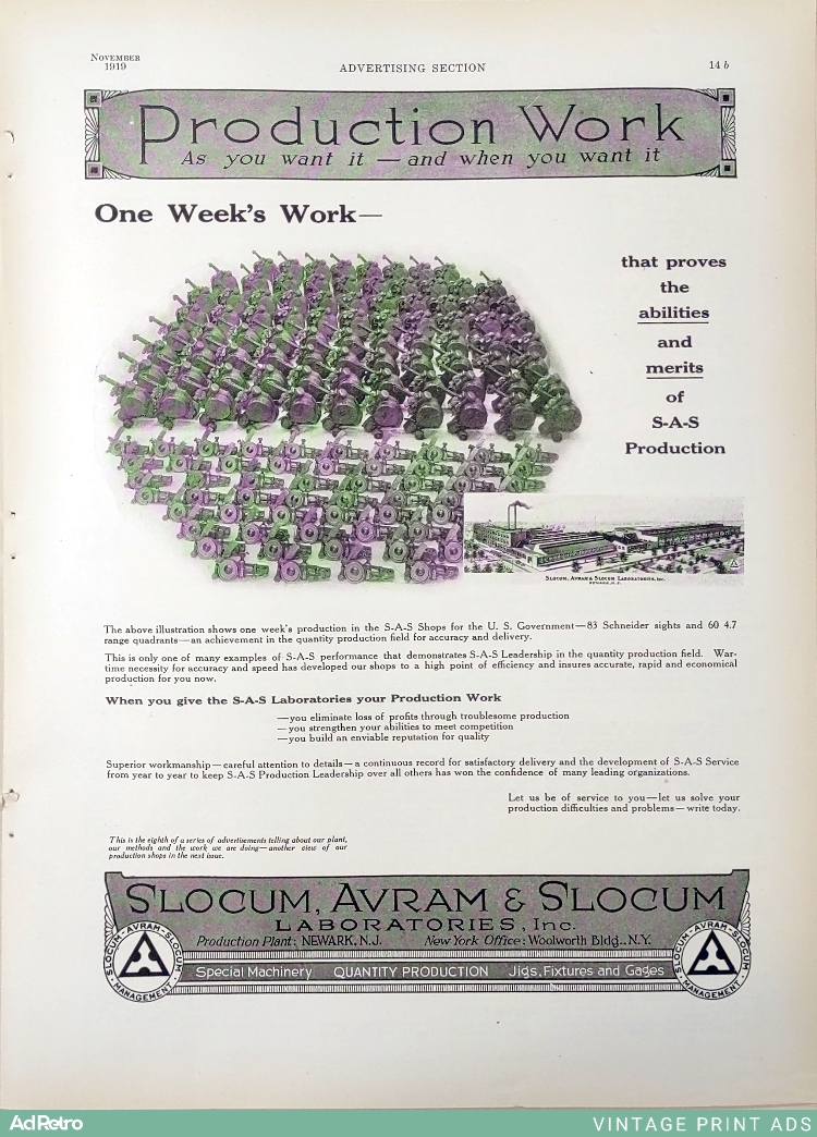1919 Slocum, Avram & Slocum Laboratories Production Work Ad - "Production Work As you want it — and when you want it"