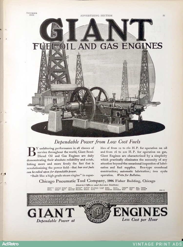 1919 Giant Fuel Oil and Gas Engines Ad - "Dependable Power from Low Cost Fuels"