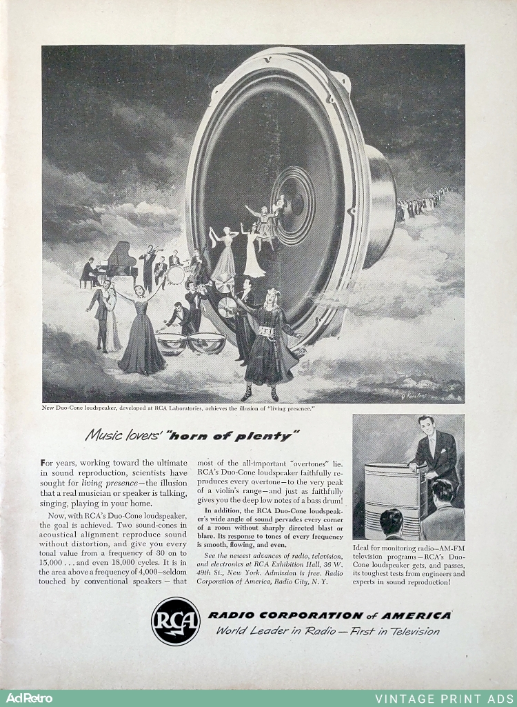 1950 RCA Duo-Cone Loudspeaker Ad - "Music lovers' 'horn of plenty'"