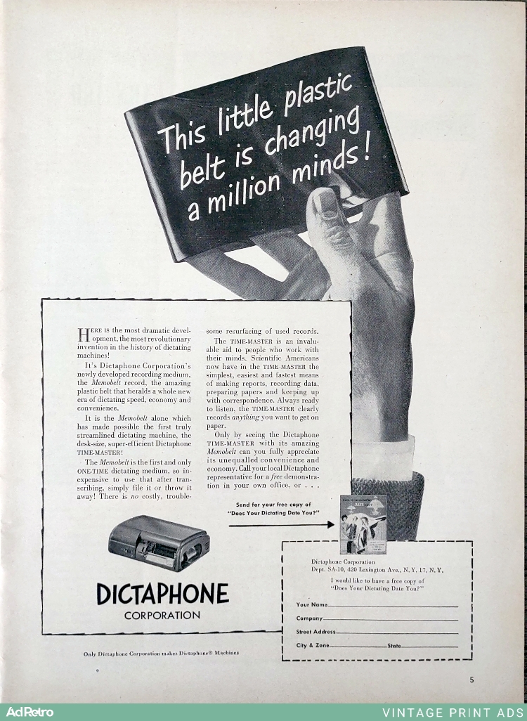 1950 Dictaphone TIME-MASTER with Memobelt Ad - "This little plastic belt is changing a million minds!"