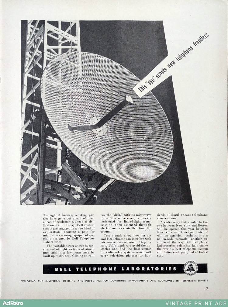 1950 Bell Telephone Laboratories Microwave Relay System Ad - "This 'eye' scouts new telephone frontiers"