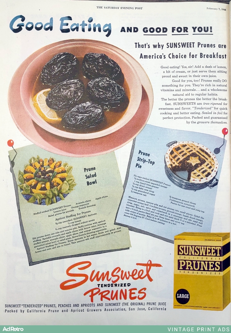 1948 Sunsweet Tenderized Prunes Ad - "Good Eating AND GOOD FOR YOU!"